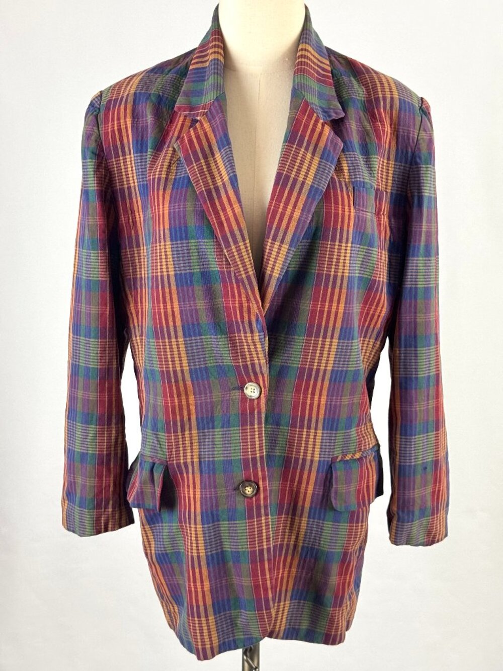Vtg JG Hook Womens Madras Plaid Blazer Jacket Cotton Rayon Preppy Academia
